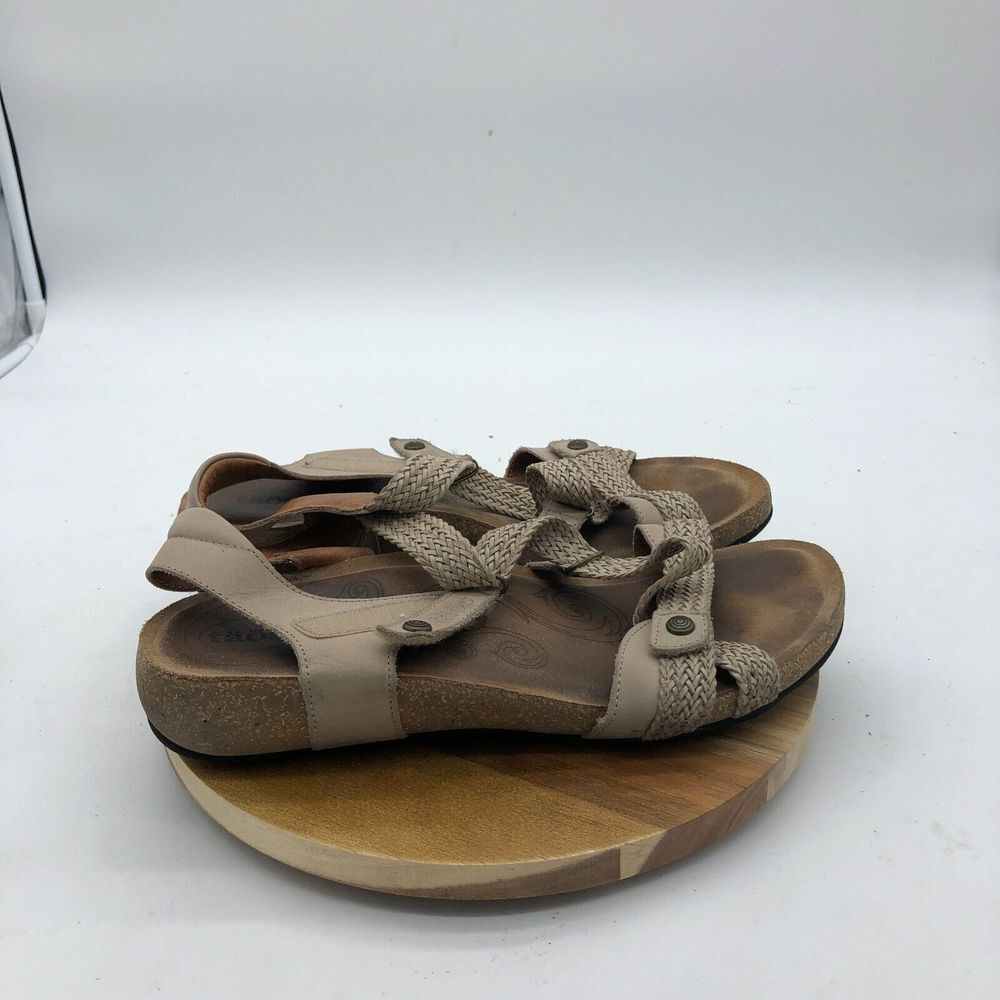 Taos Trulie Sandals Womens 11 Beige Leather Shoe Casual Wedge Cork Woven